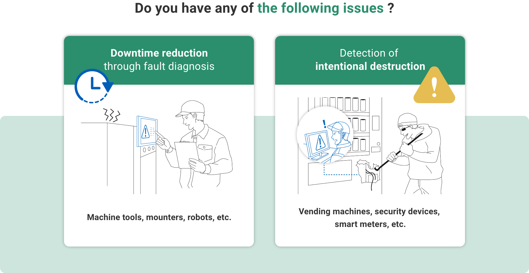 Do you have any of the following issues? Downtime reduction through fault diagnosis: Machine tools, mounters, robots, etc. Detection of intentional destruction: Vending machines, security devices, smart meters, etc.