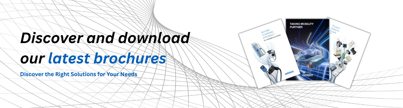 Omron brochure download banner showing the text 'Discover and download our latest brochures' with three brochure covers featuring automotive solutions, charging efficiency, and product selection guide.