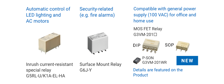 Automatic control of LED lighting and AC motors: Inrush current-resistant special relay G5RL-U/K1A-EL-HA / Security-related (e.g. fire alarms): Surface Mount Relay G6J-Y / Compatible with general power supply (100 VAC) for office and home use: MOS FET Relay G3VM-201□ DIP SOP P-SON P-SON G3VM-201WR Details are featured on the reverse side