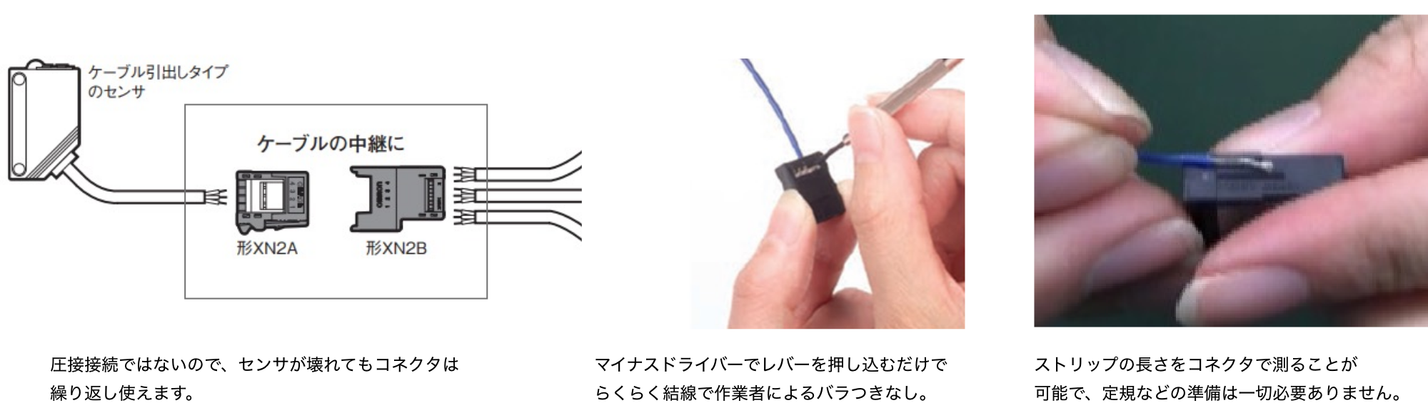 圧接接続ではないので、センサが壊れてもコネクタは繰り返し使えます。マイナスドライバーでレバーを押し込むだけでらくらく結線で作業者によるバラつきなし。ストリップの長さをコネクタで測ること可能で、定規などの準備は一切必要ありません。