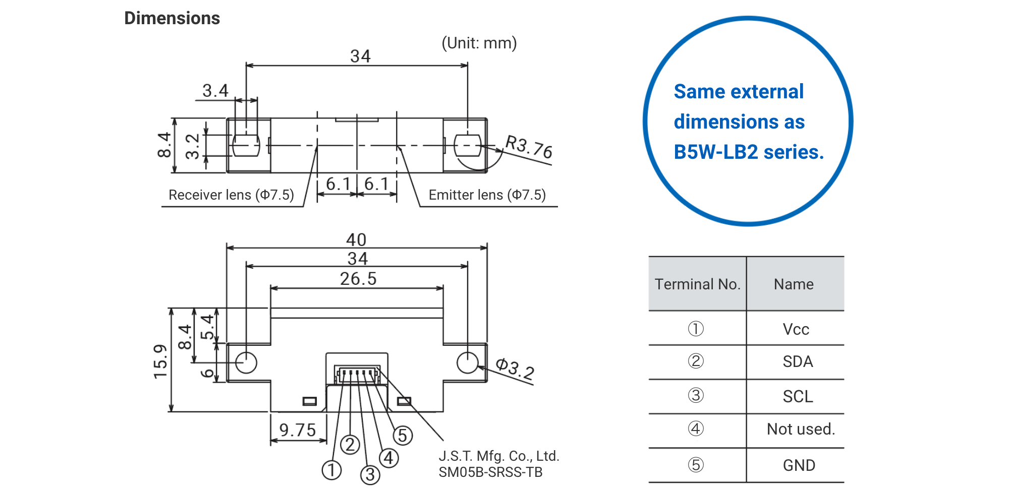 Same external dimensions as B5W-LB2 series.