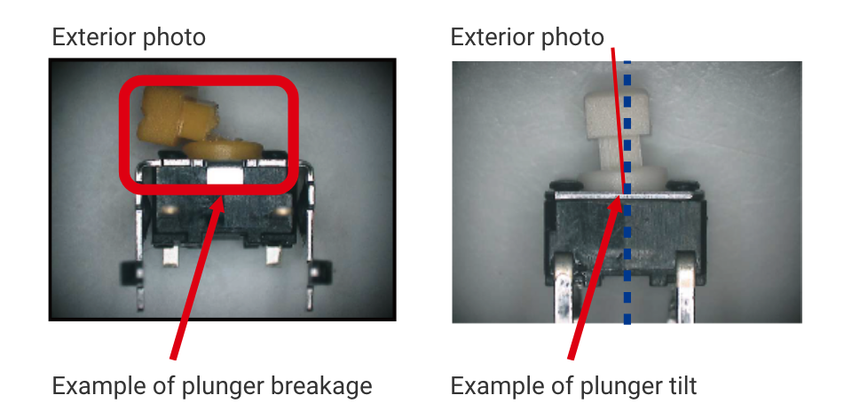 Exterior photo：Example of plunger breakage / Exterior photo：Example of plunger tilt