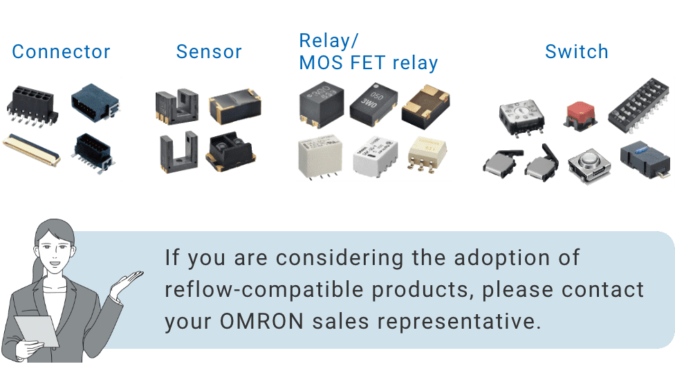 Connector, Sensor, Relay/MOS FET relay, Switch. If you are considering the adoption of reflow-compatible products, please contact your OMRON sales representative.