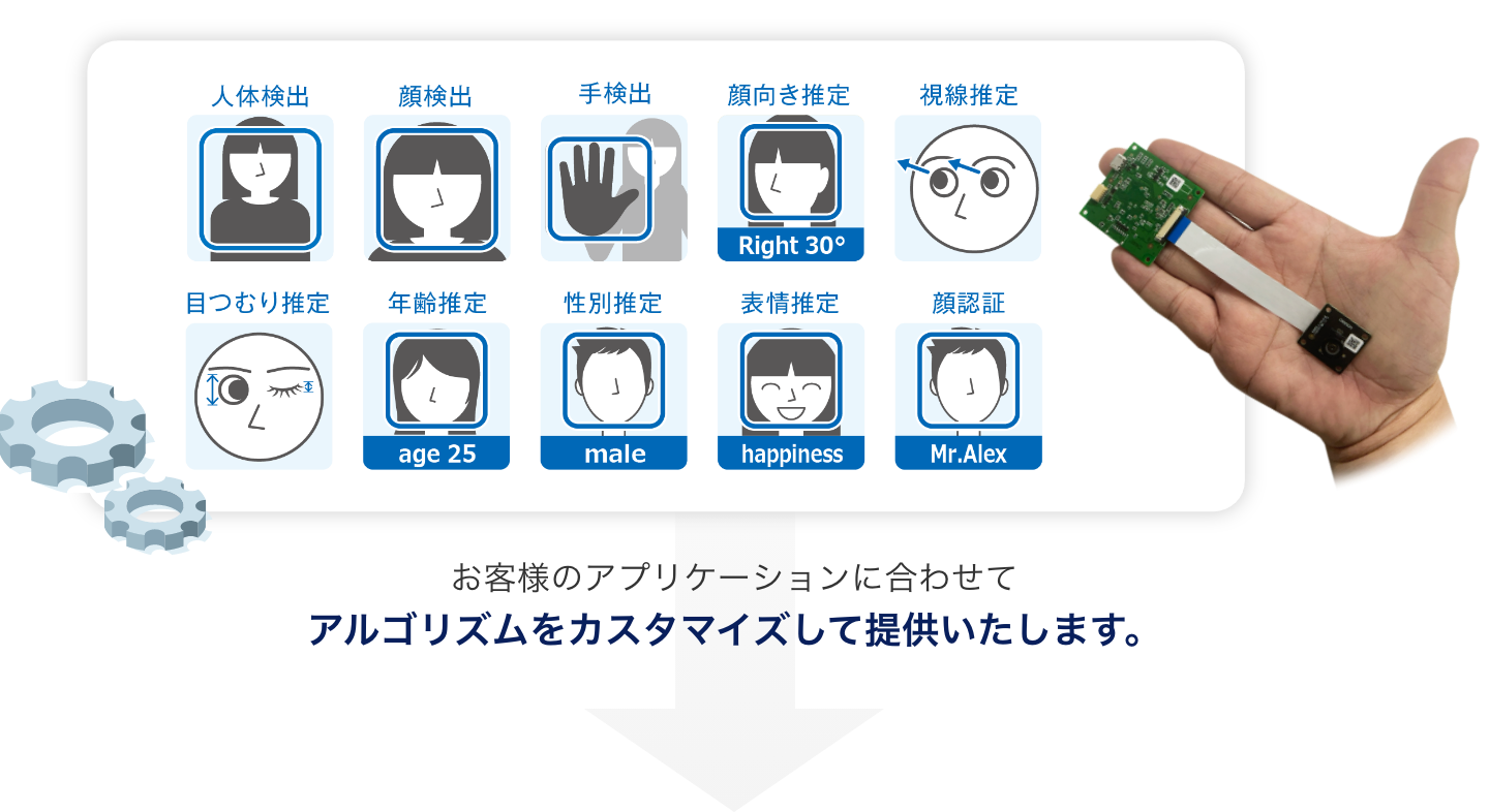 人体検出、顔検出、手検出、顔向き推定、視線推定、目つむり推定、年齢推定、性別推定、表情推定、顔認証。お客様のアプリケーションに合わせてアルゴリズムをカスタマイズして提供いたします。