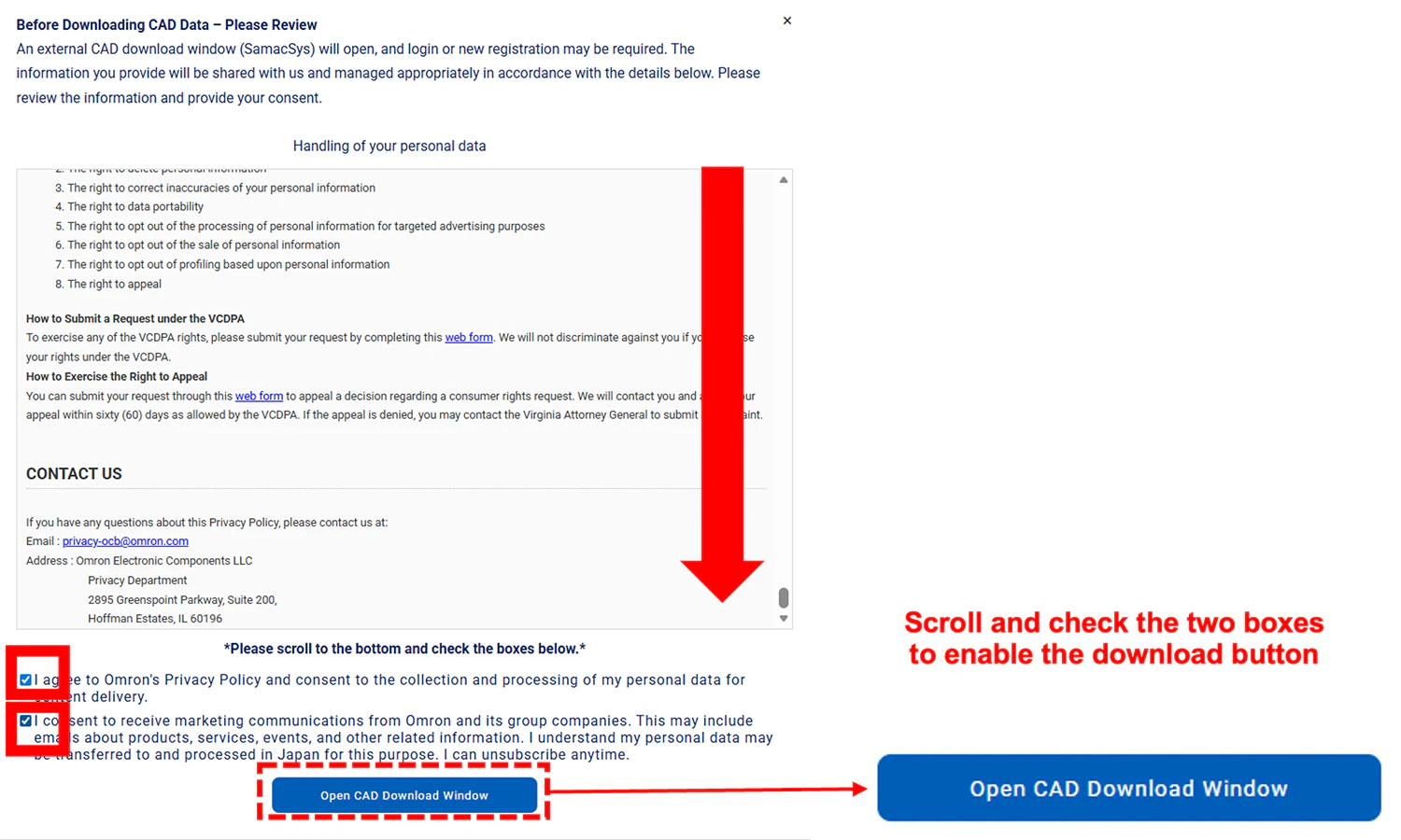 Scroll and check the two boxes to enable the download button
