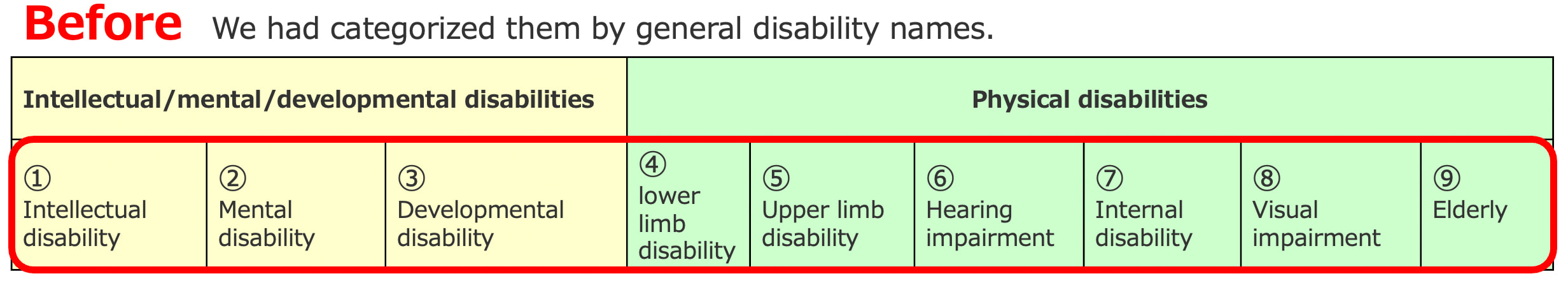 (Before：We had categorized them by general disability names.) Intellectual/mental/developmental disabilities: ①Intellectual disability②Mental disability③Developmental disability: ④lower limb disability⑤Upper limb disability⑥Hearing impairment⑦Internal disability⑧Visual impairment⑨Elderly