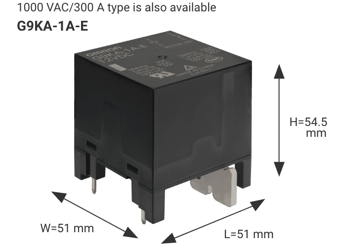 1000 VAC/300 A type is also available G9KA-1A-E L51mm×W51mm×H54.5mm