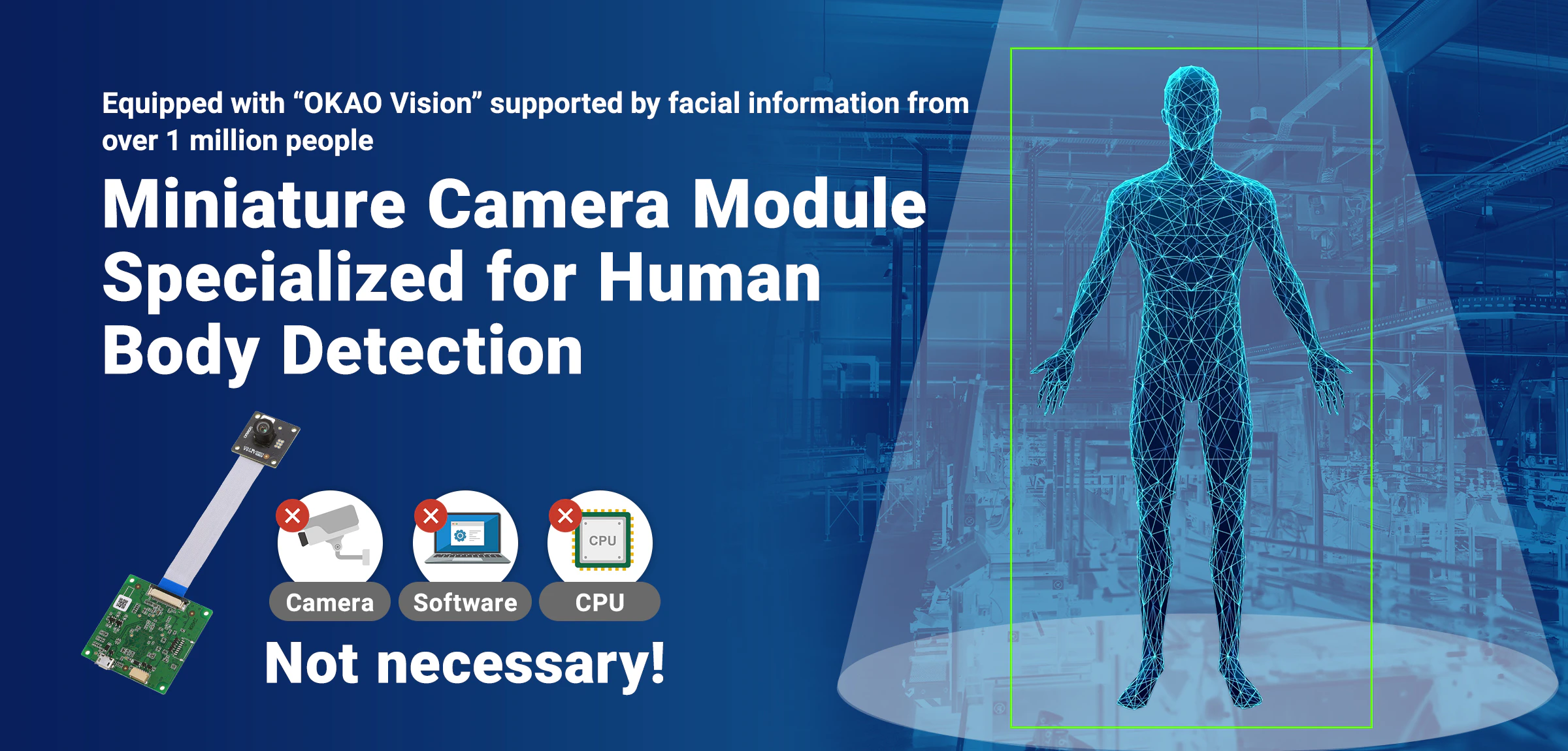 Equipped with “OKAO Vision” supported by facial information from over 1 million people Miniature Camera Module Specialized for Human Body Detection Not necessary! Camera, Software, CPU