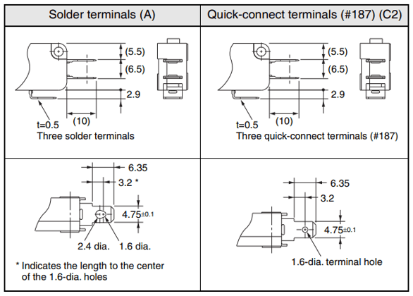 Solder terminals (A) / Quick-connect terminals (#187) (C2)